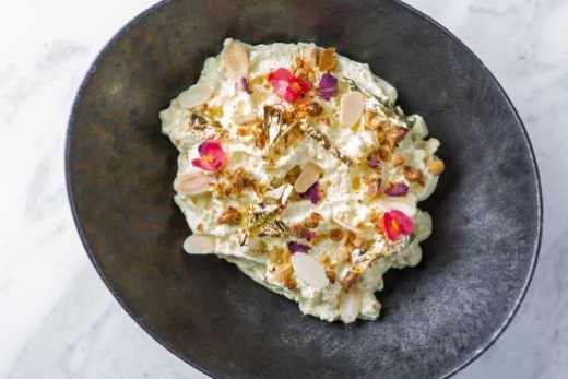makhan malai, saffron milk, rose petal jaggery brittle, almonds