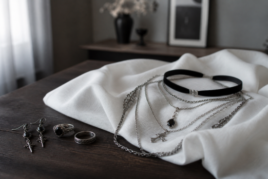 Elegant jewelry set displayed on white fabric